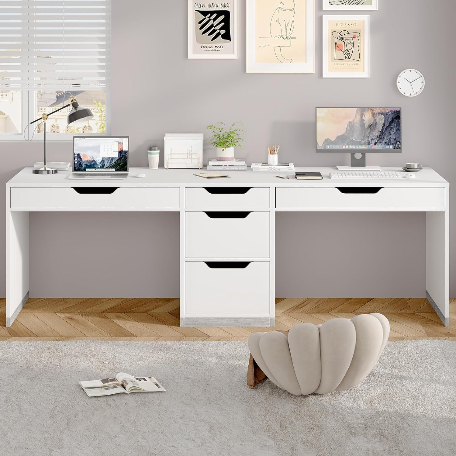 DreamCurship 78 inch Two Person Desk, 2 Person Desk with 5 Drawers, Double Desk for Two People, Computer Desk for Home Office, white