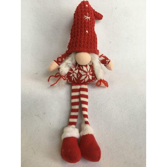 Christmas Red and White Argyle Sitting Boy or Girl Gnome With Long Legs