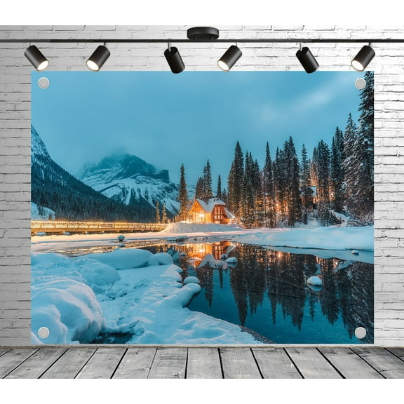 Diha 7x5ft Winter Mountain Cabin Backdrop – Snow-Covered Lodge, Icy Lake, Snowy Peaks and Warm Glow Banner for Christmas, Winter Party, Photo Booth, Reusable & Collapsible