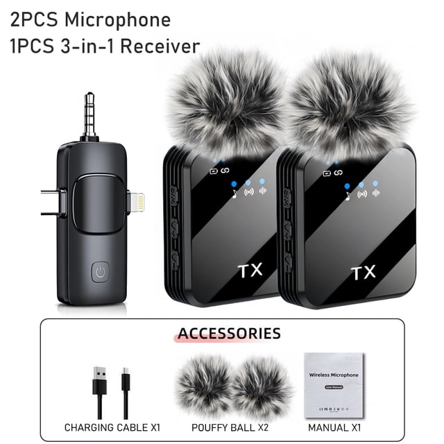 3-in-1 Wireless Lavalier Microphone for Camera, iPhone, Android, Microphone for Video Recording Podcast Noise Reduction mic(FMY) 2PCS