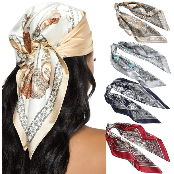 23,6 pouces foulards de tête en satin pour femmes 4 pièces carré soie comme  des foulards de cheveux bandanas de cheveux en soie 