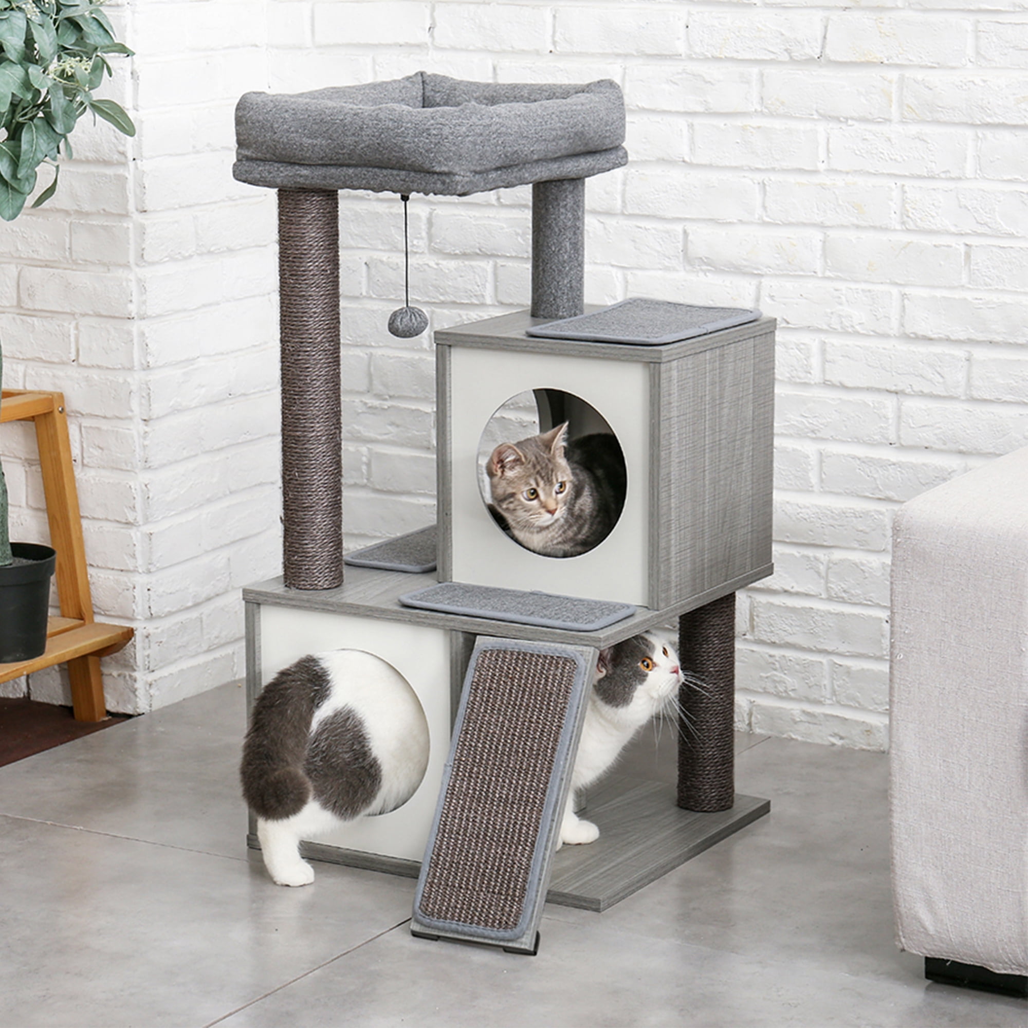 resenkos 34" Cat Condo for Multiple Cat Tree Houses with Spacious Perch, Cat Tower for Big Cats, Gray