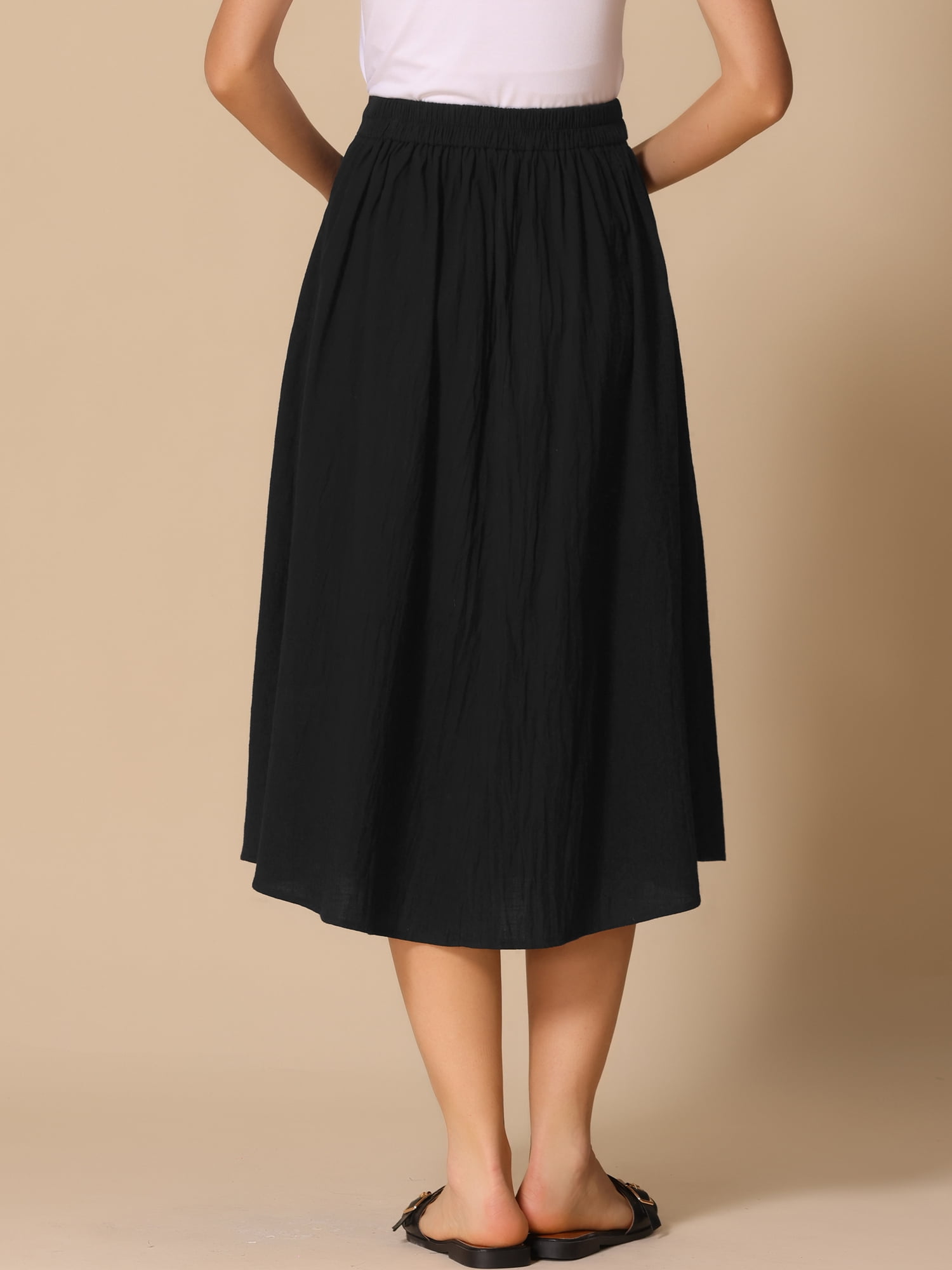 DARING DIVA Women's Button Decor Elastic Waist A-Line Skirts with Pockets M Black