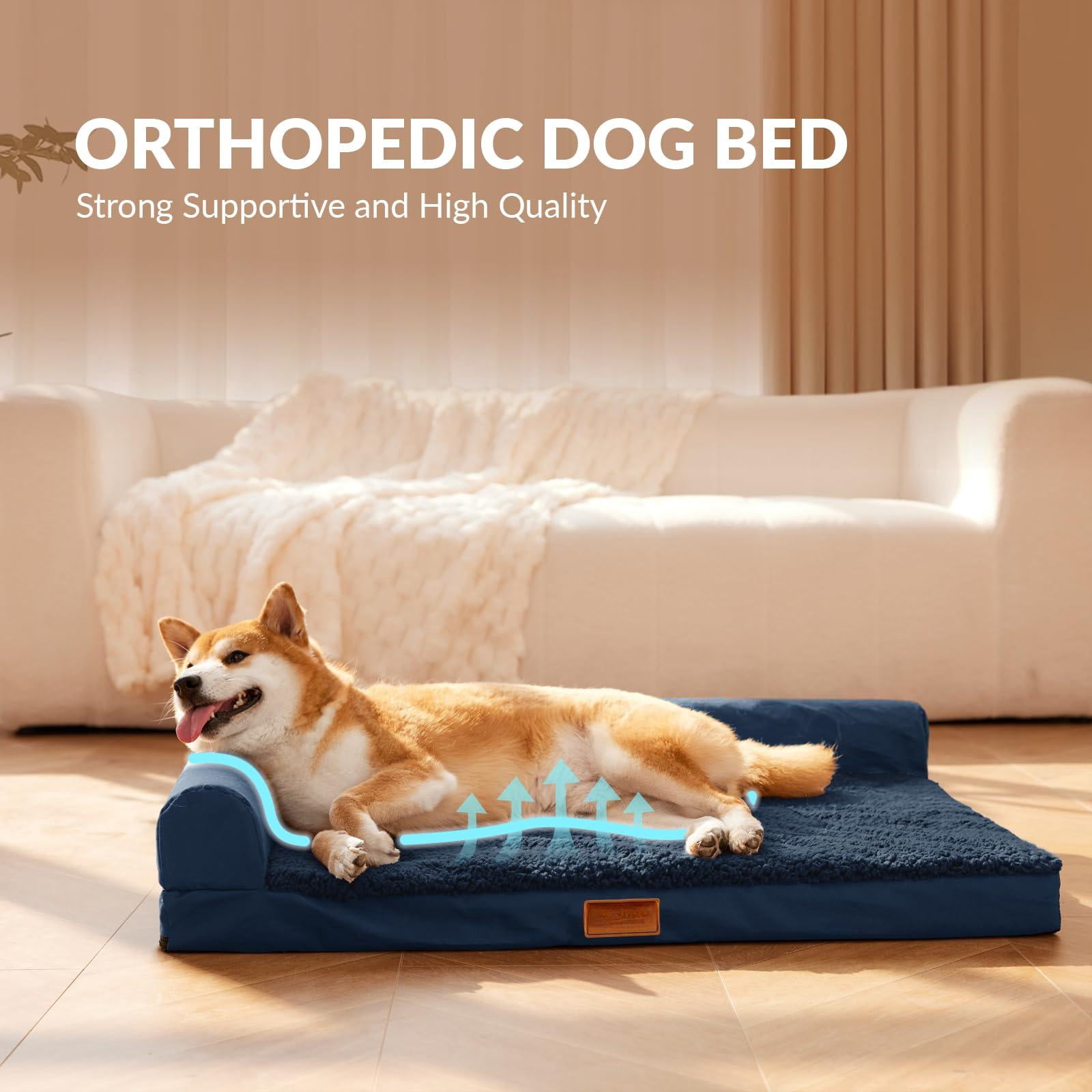 Orthopedic Dog Bed Medium Size 30x20x3.5 Inch Navy Blue, Waterproof L Bolster Pet Sofa