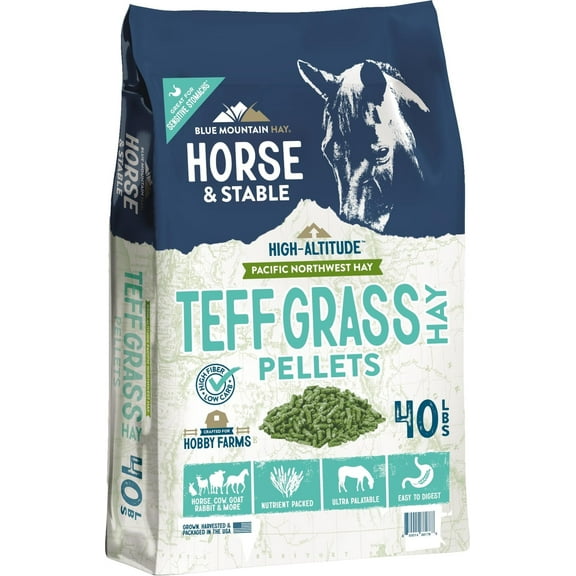 Blue Mountain High Altitude Horse Hay Pellets Ultra Premium Alfalfa, Timothy, Orchard, Teff Hay Nutrient Dense Cattle, Sheep, Alpaca, Rabbits 40 LB, Teff Grass