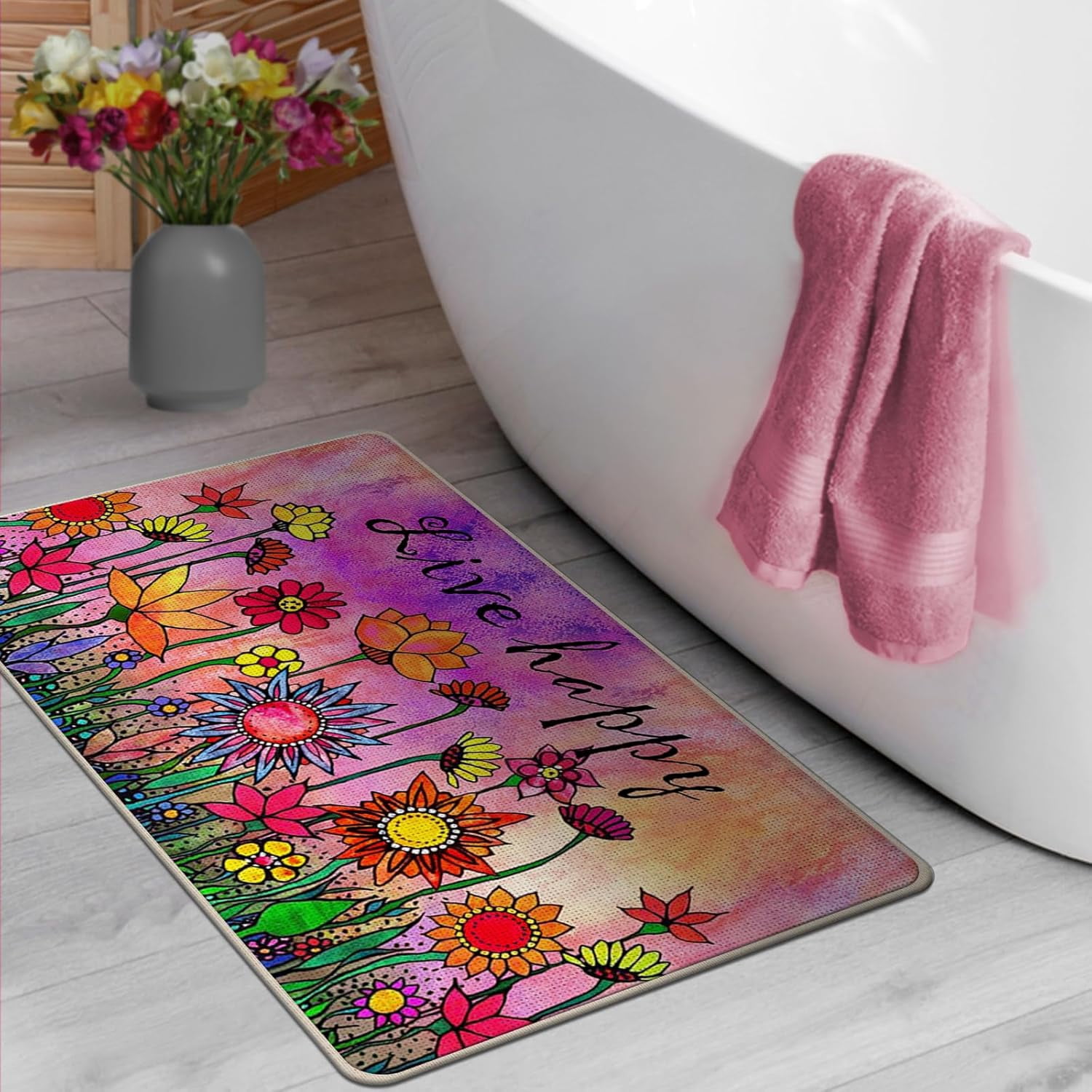 Spring Summer Live Happy Sunflower Decorative Front Door Mat, Watercolor Abstract Floral Doormat Indoor Outdoor Non-Slip Floor Entryway Rug, Fall Seasonal Home Kitchen Decoration 17x30 Inch