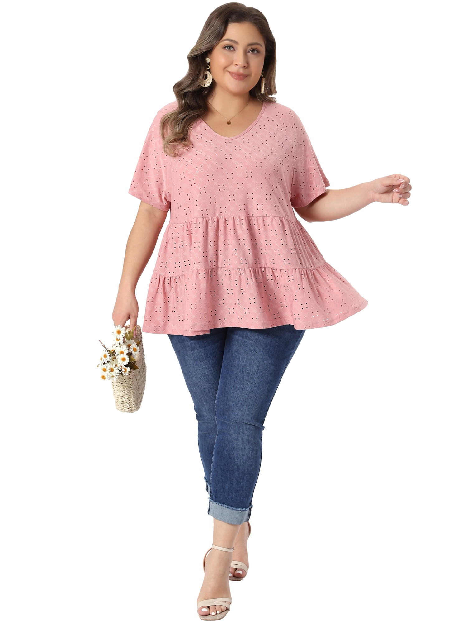 DARING DIVA Women's Plus Summer V Neck Casual Babydoll Blouse 2X Pink