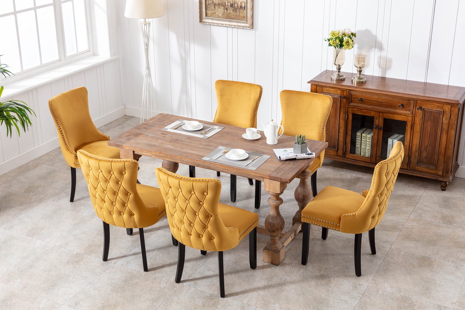Wing-Back Button Tufted Dining Chairs, High-end Velvet Upholstered Dining Chairs with Nailhead Back and Solid Wood Legs, Solid Wood Dining Chairs for Kitchen Bedroom Dining Room (Gold,Set of 6)