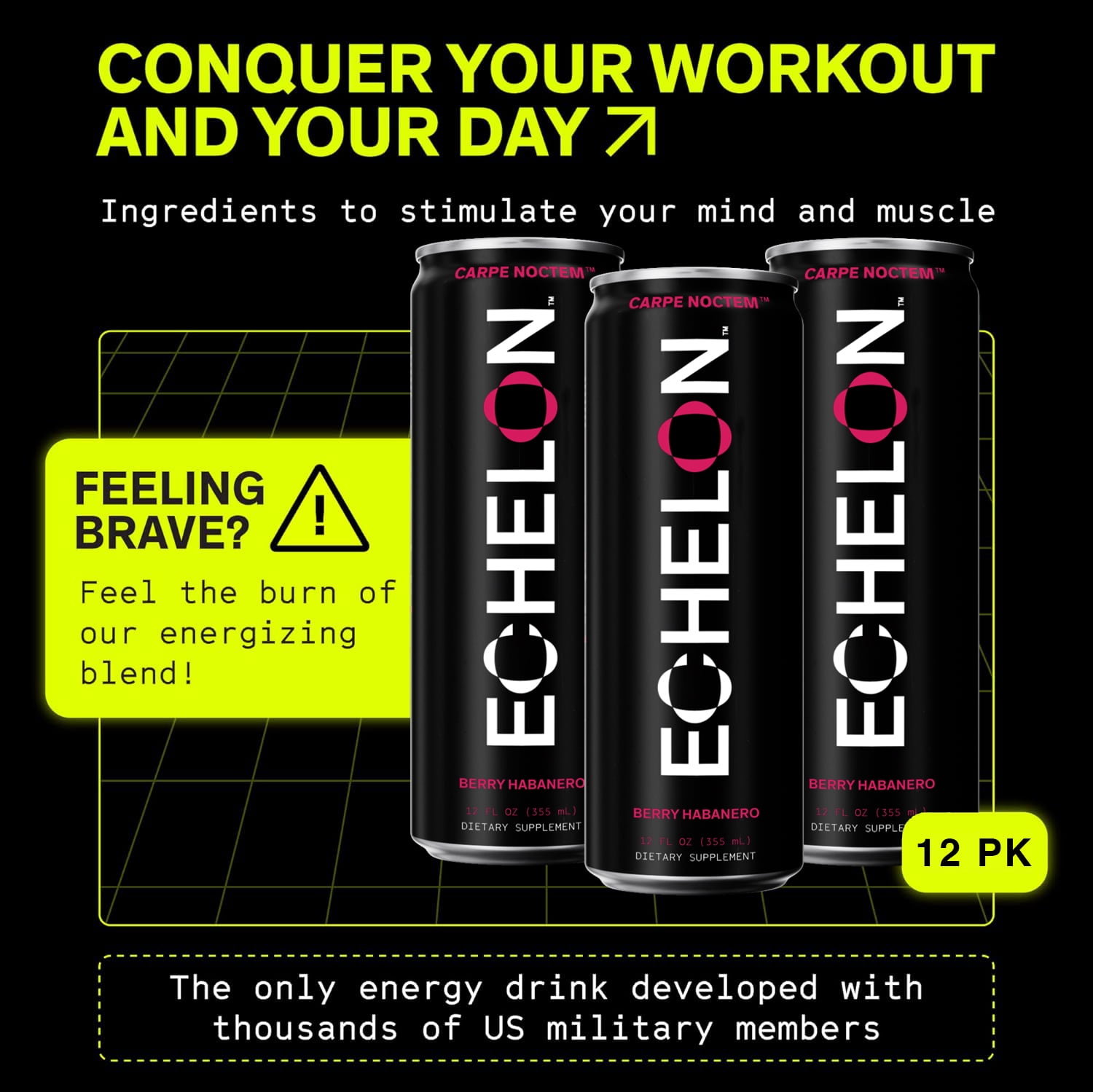 Echelon Energy Drink - 12-Pack Berry Habanero Flavor - Pre-Workout with 300mg Caffeine, L-Theanine, Beta-Alanine - Military Developed
