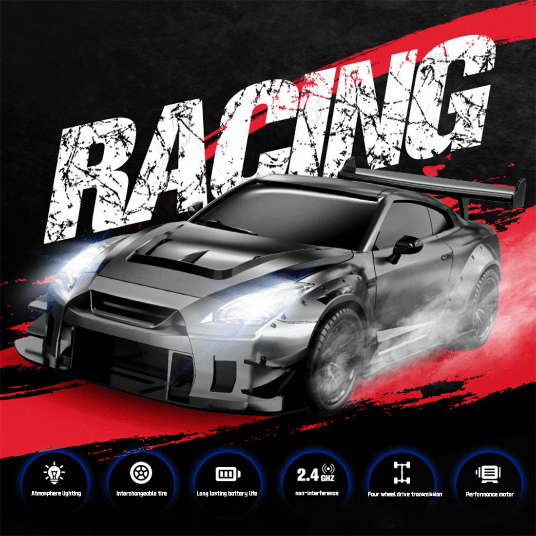 1:20 Scale High-Speed Remote Control Drift Car with Realistic Lights, 2.4GHz 4WD RC Stunt Car, 50-80m Range, USB Rechargeable, Ready-to-Run Racing Toy for Teens & Adults
