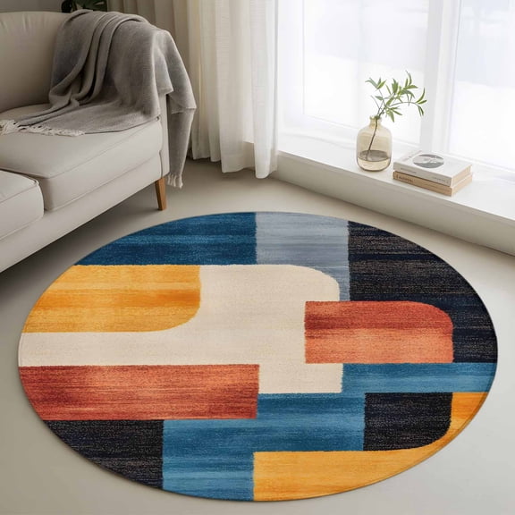 Round Rugs 3Ft, Color Block Retro Round Area Rug Washable Indoor Throw Carpet, Abstract Art Modern Small Non Slip Circle Rug for Bedroom Living Room Home Decor Aesthetic