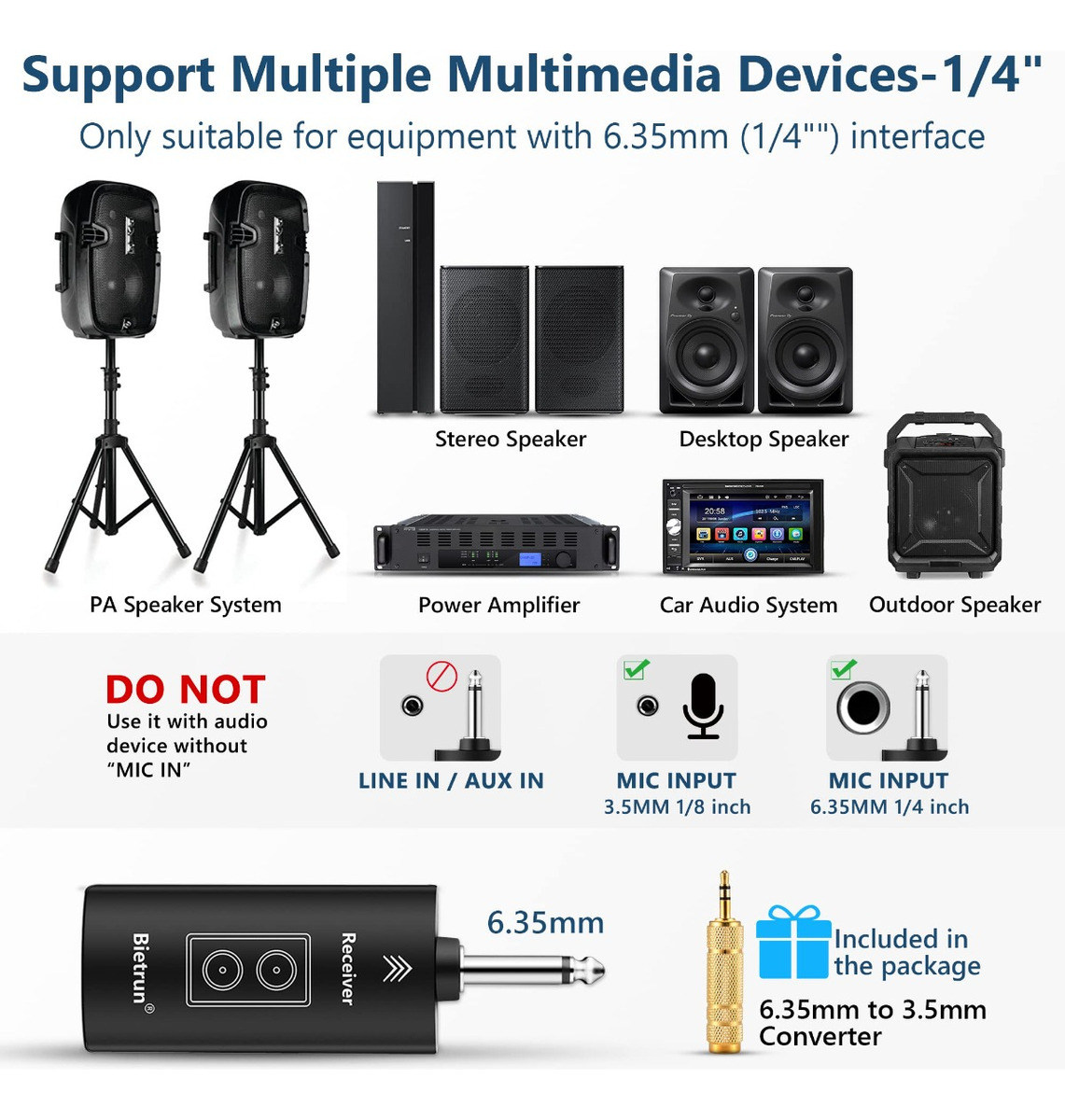 Bietrun Wireless Microphones with Echo,Treble,Bass&Bluetooth,160FT Range,Portable UHF Handheld Karaoke Dynamic Microphone System with Rechargeable Receiver for Karaoke,Singing,Amp,PA System,DJ,Stage