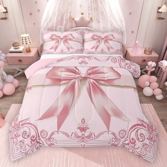 Feelyou Pink Princess Bowknot Bedding Comforter Set, Bohemian Damask Flower Twin Comforter Sets, Western Fashion Bow Reversible Bedding Set, Super Cozy Room Decor, 2-Piece
