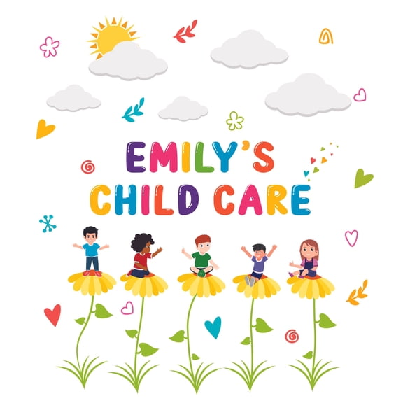 DAYCARE - Giant Flowers & Plants Decoration Children Nature Art Design Removable Vinyl Wall Decal - Kids Playroom Daycare Multicolored Personalized Name Lettering Art Wall Decor Sticker 18" x 20"