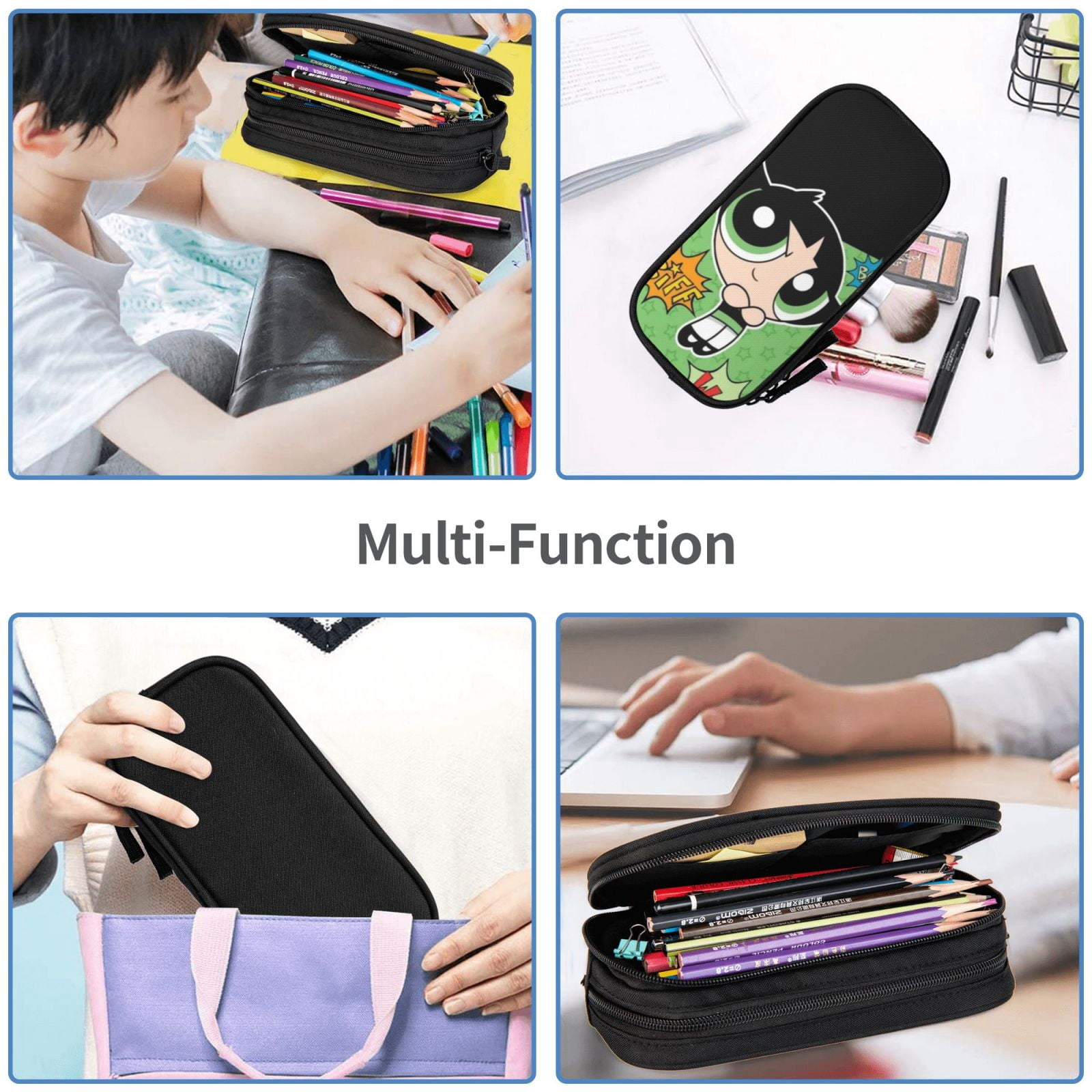 The Powerpuff Gi-rls Pencil Case Large Capacity Pencil Pouch Penbag Office Stationery Organizer Travel Makeup Bag Black