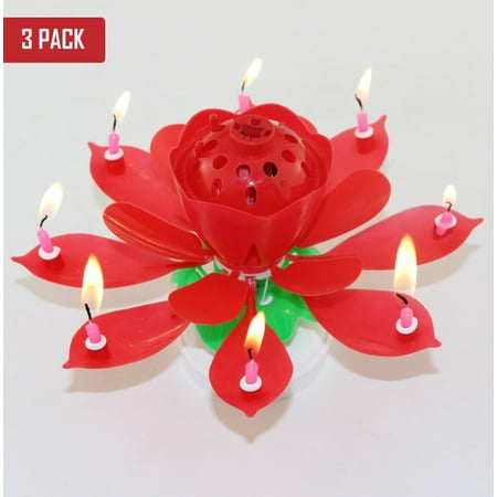 3 Pack Birthday Cake Flower Candles with Happy Birthday Music Rotating Setup -