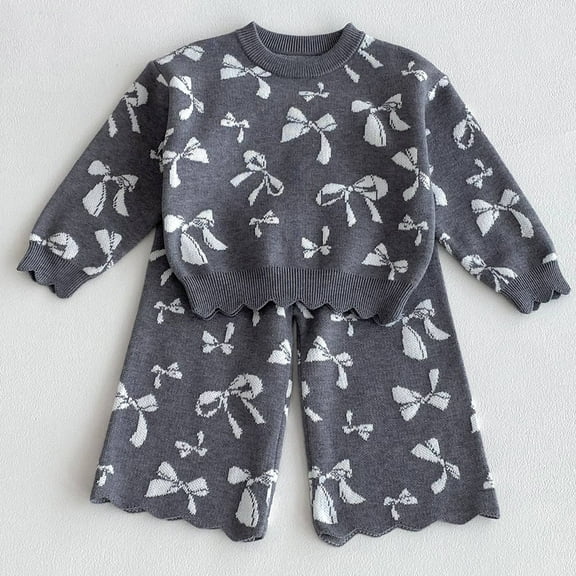 SONGGE Baby Girls Knitted Jacquard Long Sleeve Sweatshirt And Sweater With Bow Detail Long Pants Two Piece Outfit Sets For Toddler Cartoon Lovely Clothing Sets