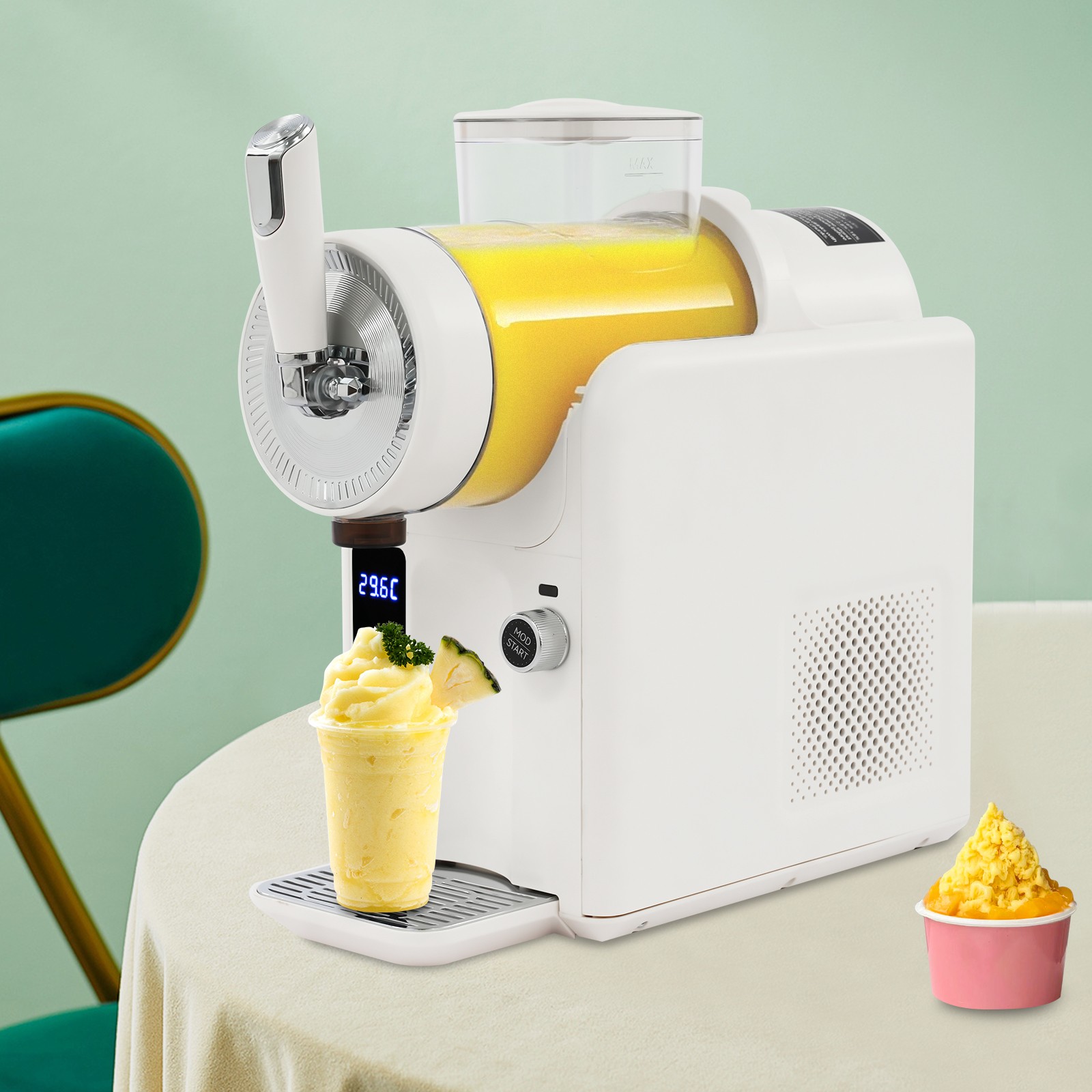 Slushie Machine, Automatic Frozen Drink Maker with 6 Modes for Slush, Ice Cream, Smoothies, Cocktails, 185W Motor, LED Display, Self-Cleaning, Includes Ice Cream Molds, Beige, 110V