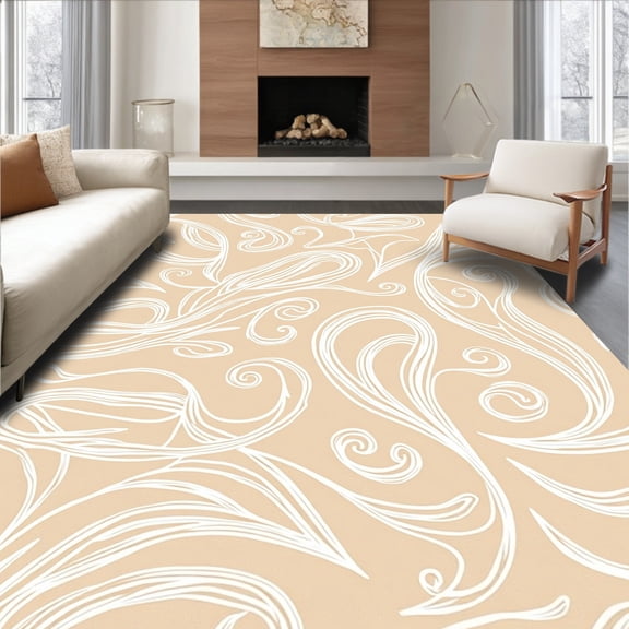 ODIKA 4'x6' Machine Washable Non-Slip Area Rug, Botanical Paisley Swirl Abstract Contemporary Modern Artistic High Traffic Rug, Beige, 466290