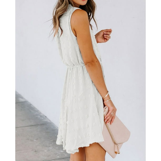 Women s White Split Neck Pom Pom Textured Flowy Mini Dress