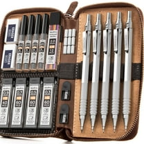 Nicpro 5Pcs Metal Mechanical Pencil Set in Leather Case, 0.3, 0.5, 0.7, 0.9mm & 2mm Lead Pencil Holders, 9 Tube (4B 2B HB 2H) Lead Refills(Black & Colors), Erasers