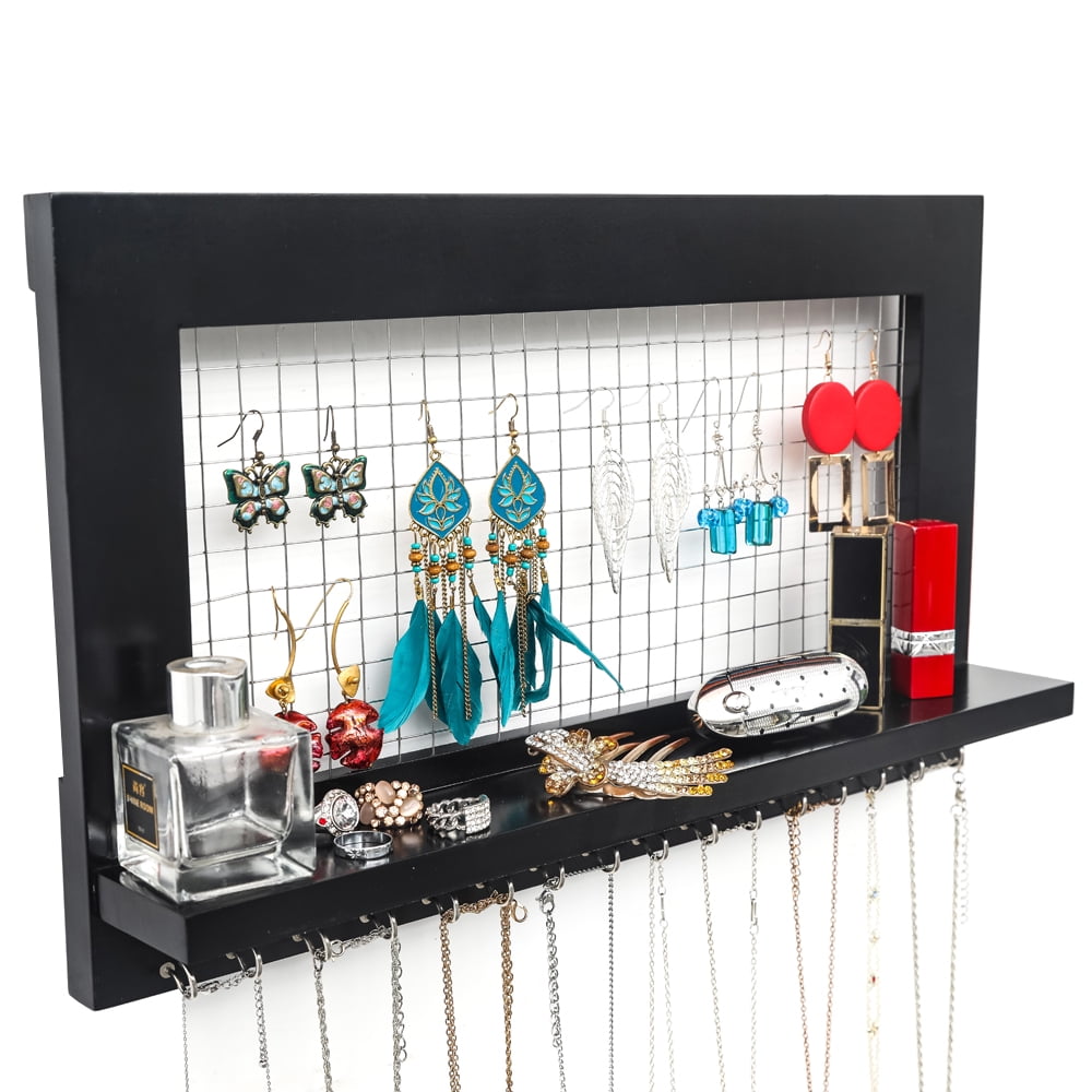 Wall Mounted Jewelry Organizer, Rustic Jewelry Holder for Necklaces, Earrings, Black