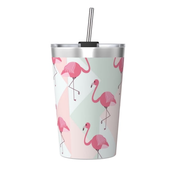 PAYOHTO Summer Pink Flamingos Insulated Stainless Steel Tumbler 12 oz Thermos Come with Straw Kids Leak-Proof Travel Mug Cup