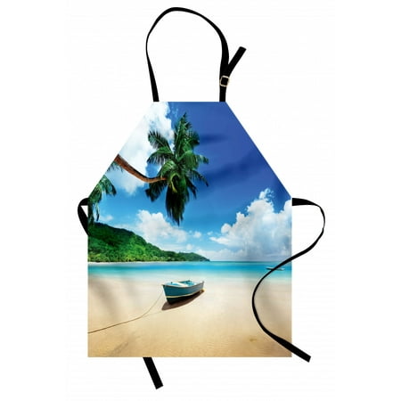 

Beach Apron Boat On The Beach Mahe Island Lagoon Seychelles Exotic Shoreline Image Unisex Kitchen Bib Apron with Adjustable Neck for Cooking Baking Gardening Blue Green Sand Brown by Ambesonne