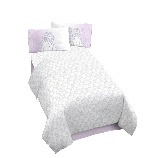 Kids full sheet set with Frozen 'Winter Frost Adventures' design, including character illustrations on pillowcases and a snowflake pattern on the white comforter.