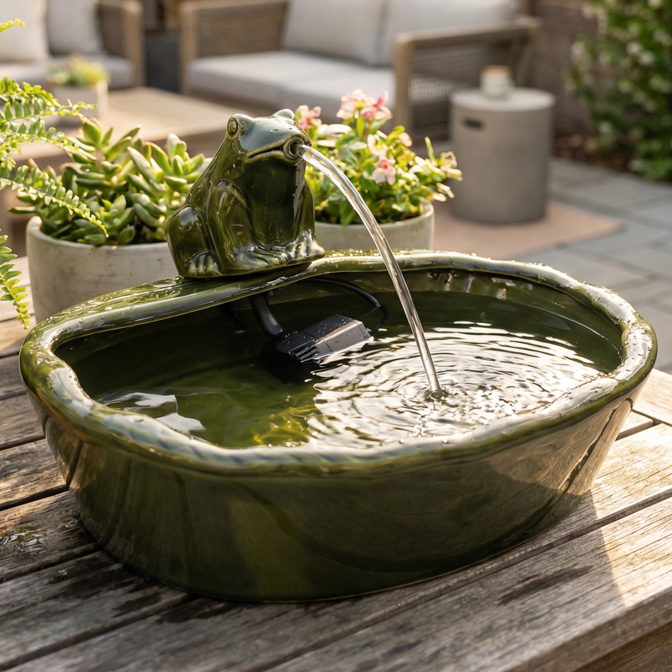 Sunnydaze Frog Contemporary Green Ceramic Solar Water Fountain