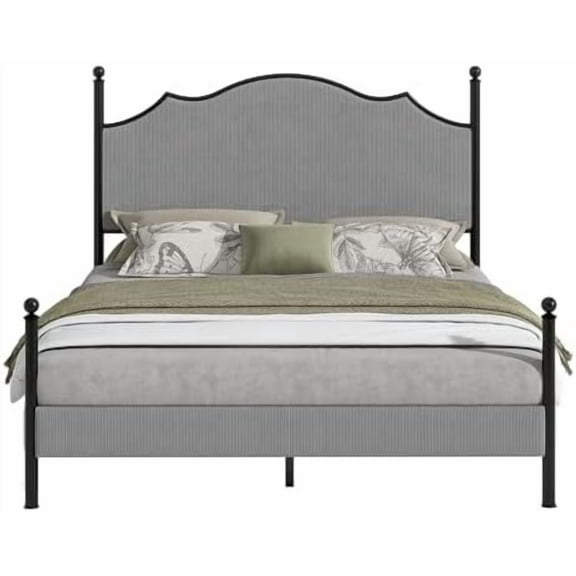 Upholstered Queen Size Bed Frame with 51.2" Tall Headboard, Metal Four Poster LED Beds for Bedroom, Easy Assembly, Wooden Slats, Grey