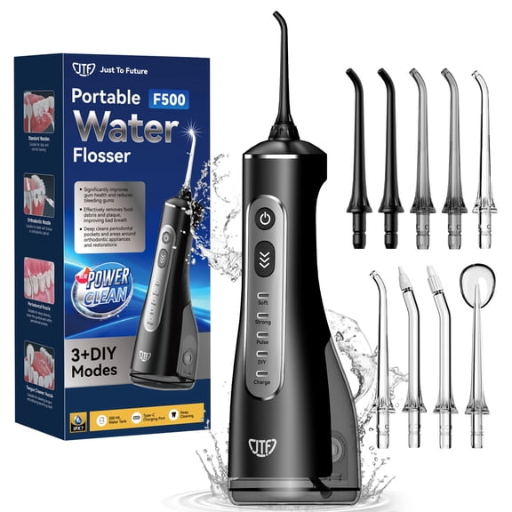 JTF Cordless Water Flosser for Teeth: 3 Modes & 10 DIY Pressure Levels Portable Oral Irrigator for Braces & Sensitive Gums with 9 Tips & 300ML Tank, Rechargeable Electric Dental Pick for Home Travel