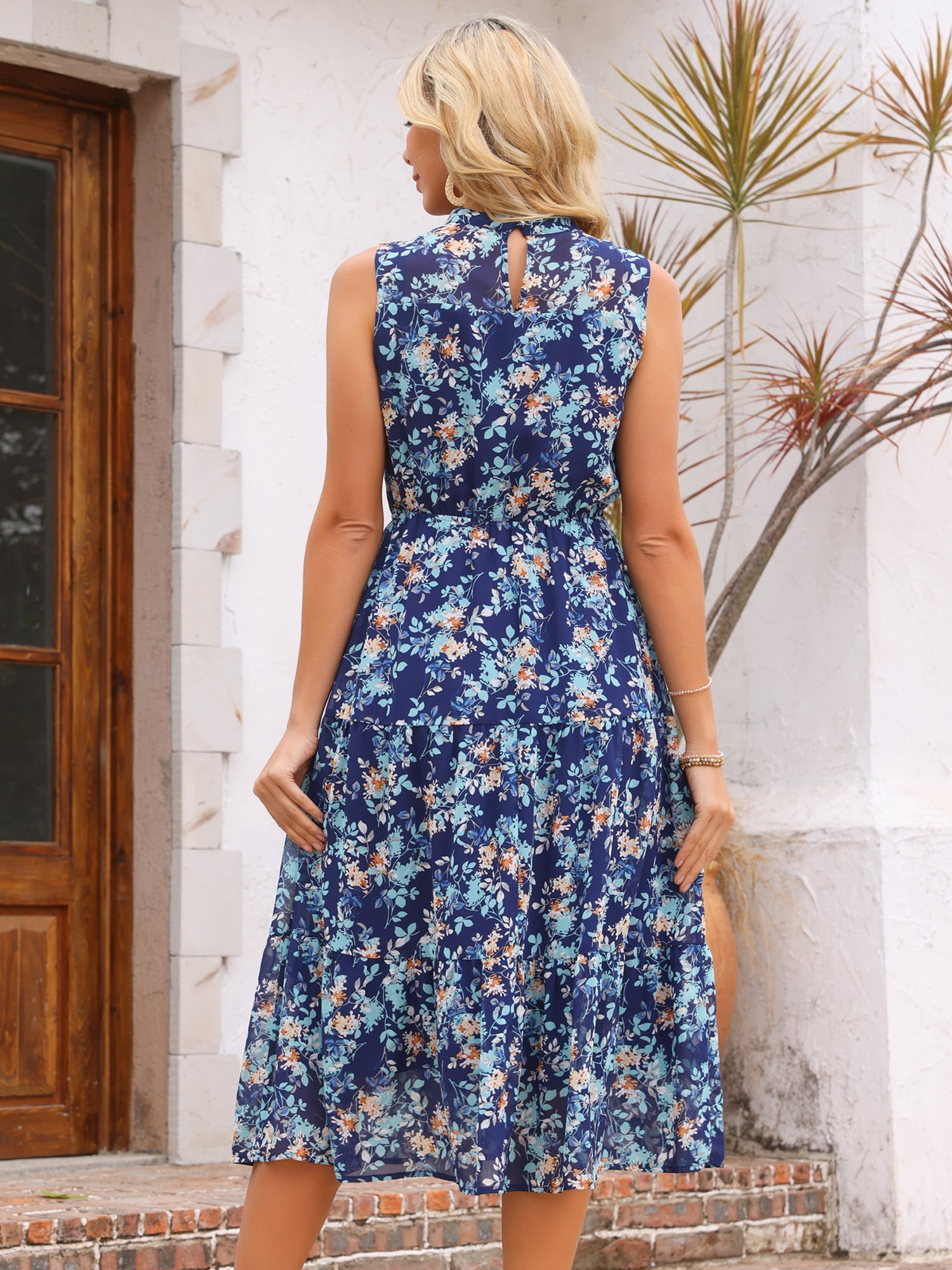DARING DIVA Women's Floral Mock Neck Tiered Flowy Midi Dress M Navy Blue