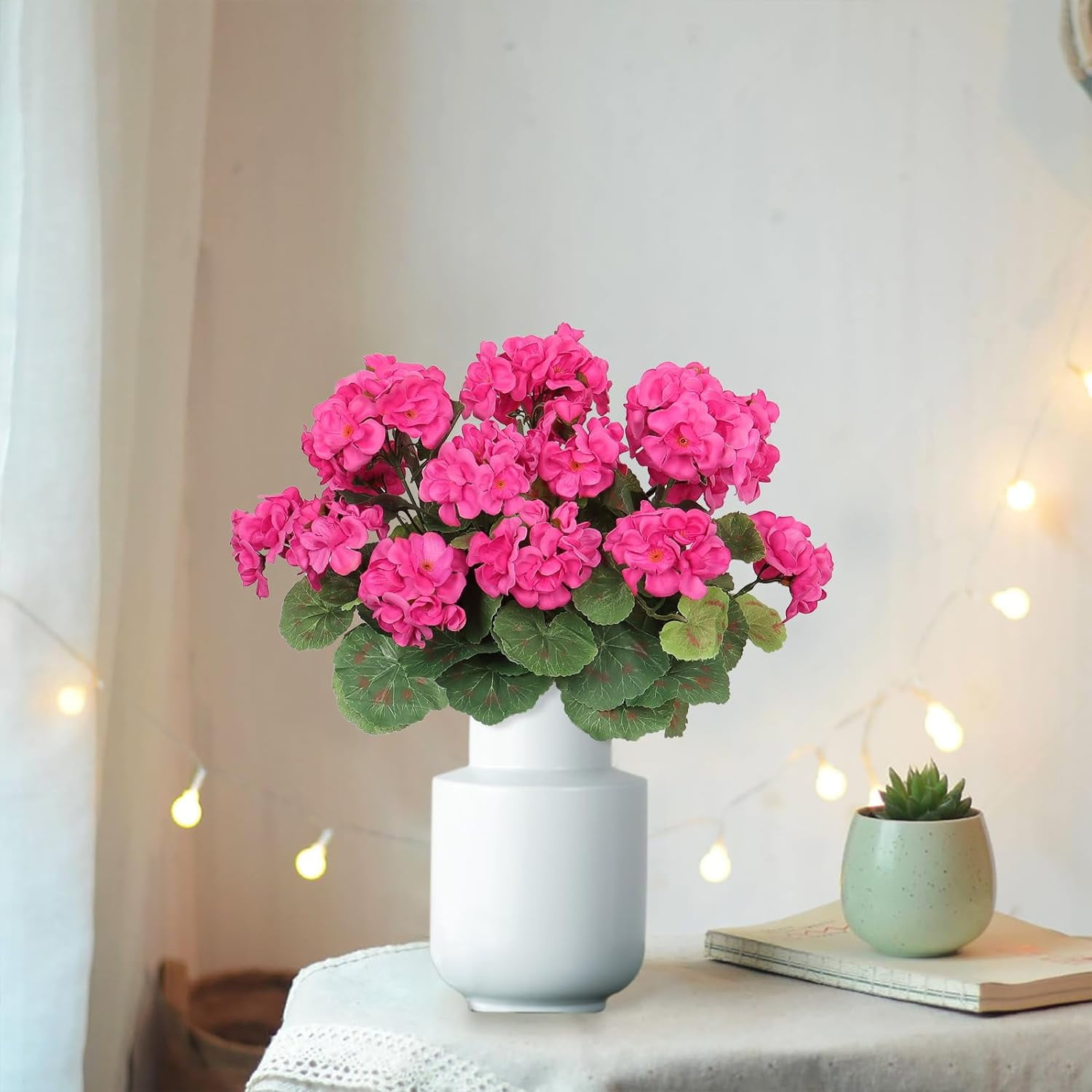 3 Pcs 14'' Artificial Geranium Silk Flower Outdoor UV Resistant Garden Plants Bush Faux Flowers for Home Wedding Kitchen Table Centerpieces Decor (Rose Red)