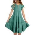 thumbnail image 2 of Zwiiyzr Girl 2024 Summer Boho Sun Dress Ruffle Short Sleeve Round Neck Pockets Swing Tiered Dresses Size 6-15 Years Green, 2 of 7