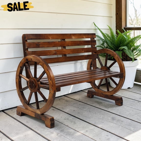 IVV Rustic Wooden Garden Bench, 41.1" Outdoor Wagon Wheel Bench with Fir Wood Construction & Slatted Seat and Backrest for Garden Porch Backyard Patio Park, Brown