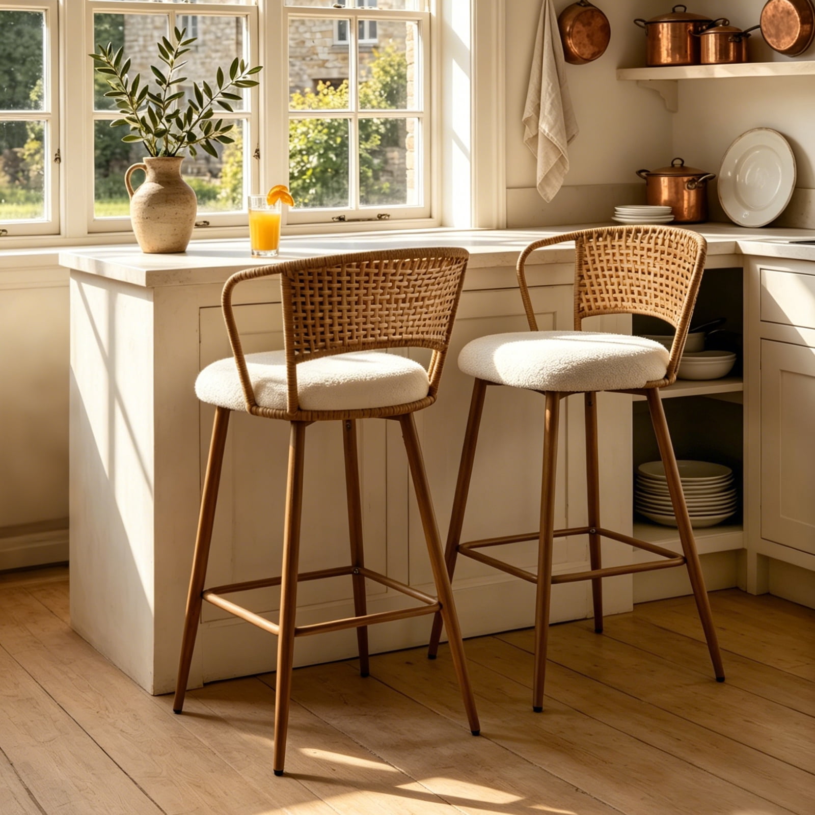 Set of 2 Rattan Backrest Bar Stools with Metal Legs and Upholstered Seat, Modern Boho Counter Stools and Kitchen Island Chairs, Cream