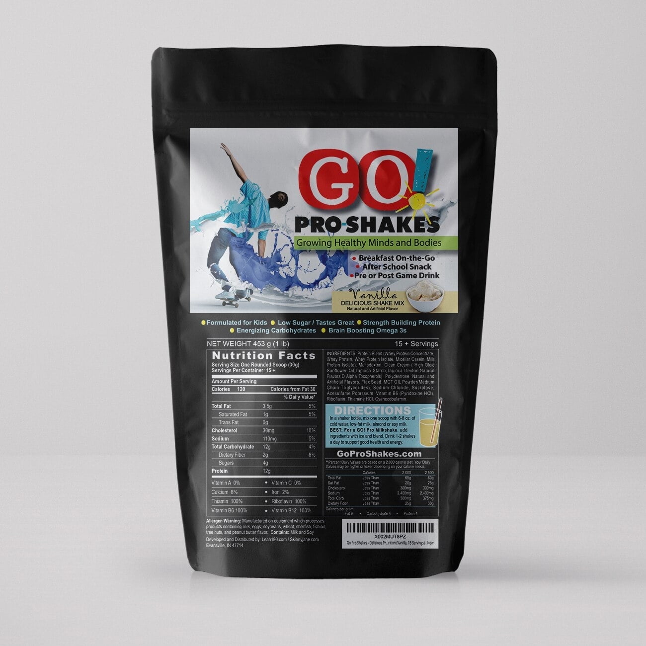 GO! Pro Shakes | Great Tasting Protein Powder Smoothie Drink for Kids Teens Growth Strength | Healthy Snack | No Added Sugar | Dietitian Approved | Rich Vanilla Flavor | Skinny Jane | 15 Servings