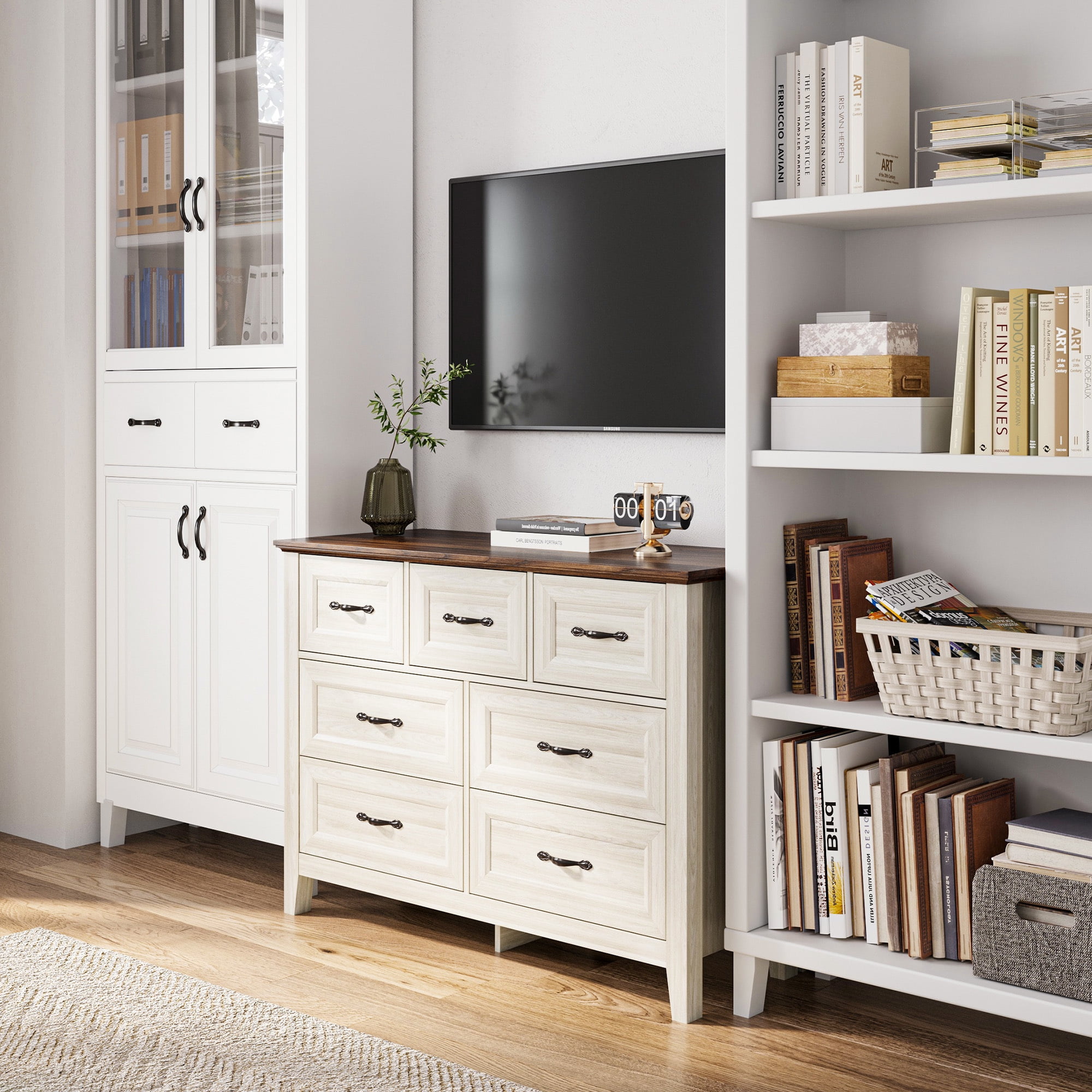 LINSY HOME Dresser for Bedroom, Long Dresser with 7 Drawers and Antique Handles, Chest of Drawers for Living Room, Entryway and Hallway, Rustic Oak