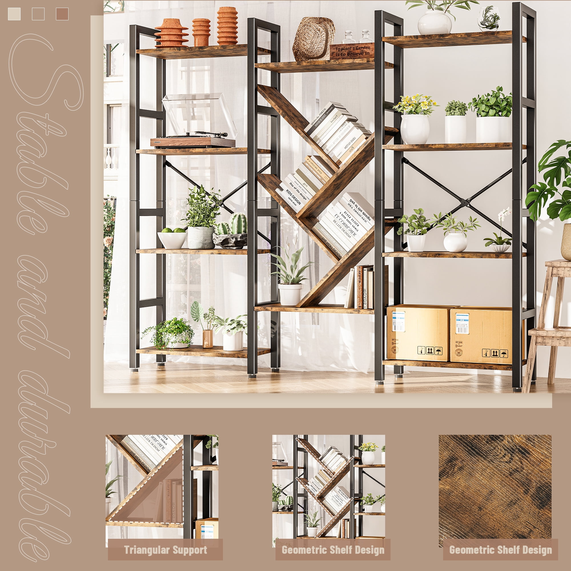 4-Tier Large Wooden Bookcase with 14 Open Display Shelves, Modern Tree Design, Metal Frame, Tall Bookshelf for Living Room, Office, or Study