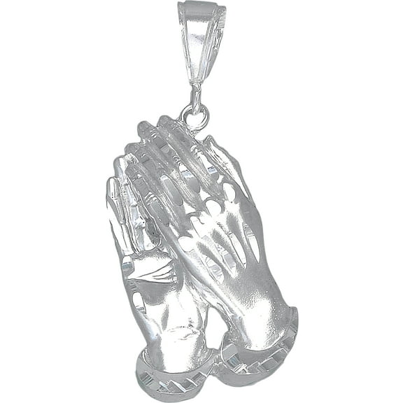 Sterling Silver Praying Hands Pendant Necklace Diamond Cut Finish. 24" Chain