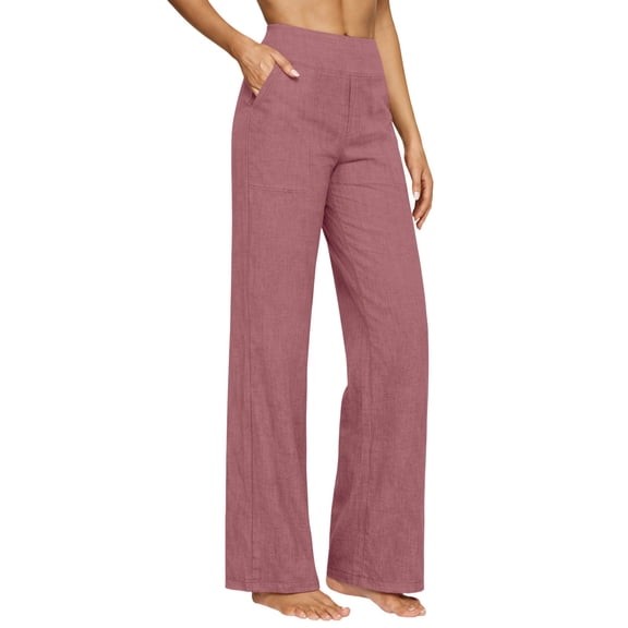 BODOAO Cotton Linen Full Length Pants for Women Summer Elastic Waist Pants Pull on High Waist Wide Leg Comfort Pants Full Length Vacation Beach Pants Loose Trousers Lightweight Brown L