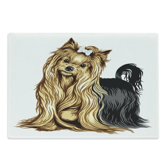 Yorkie Cutting Board, Realistic Drawing Long Haired Yorkie Domestic Pet Dog with Mild Expression, Decorative Tempered Glass Cutting and Serving Board, Large Size, Mustard Black, by Ambesonne