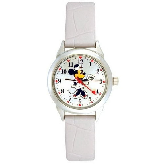 Disney Minnie Mouse Womens Round Imitation Watch - Silver/White with Faux Leather Strap