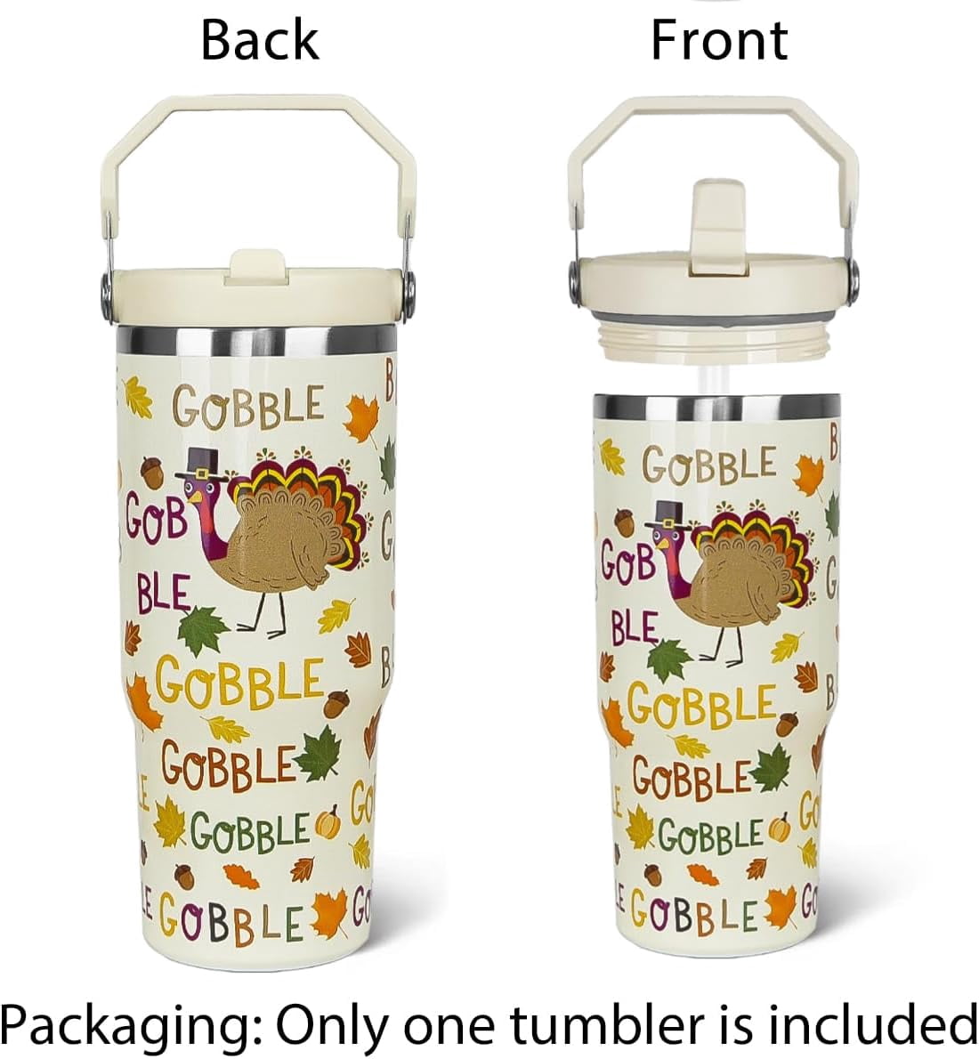 Thanksgiving Tumbler with Handle and Straw Maple Leaves Turkey Tumbler Insulated Stainless Steel Cup Coffee Travel Mug Fall Thanksgiving Gifts Decor-30 oz(1PCS)