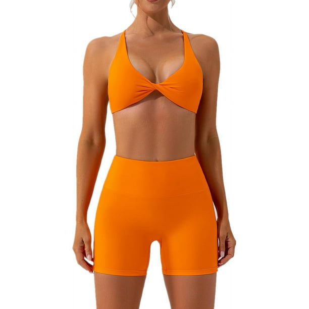 ABOCIW Conjuntos de entrenamiento para mujer 2 piezas Twist Front Halter sujetadores deportivos cintura alta botín pantalones cortos ejercicio gimnasio yoga traje