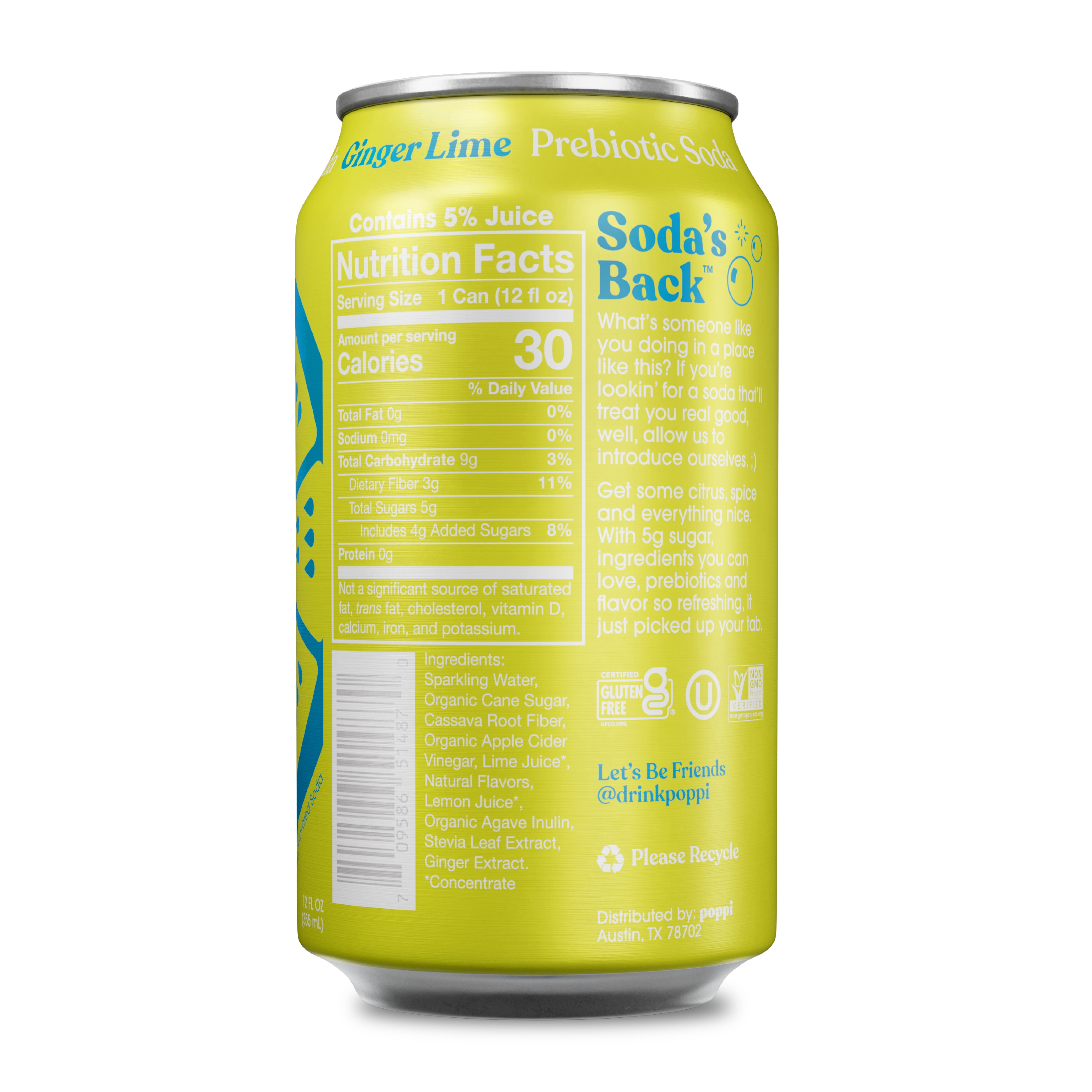 (5 pack) poppi Ginger Lime Prebiotic Soda, 12 oz, 1 Pack Can