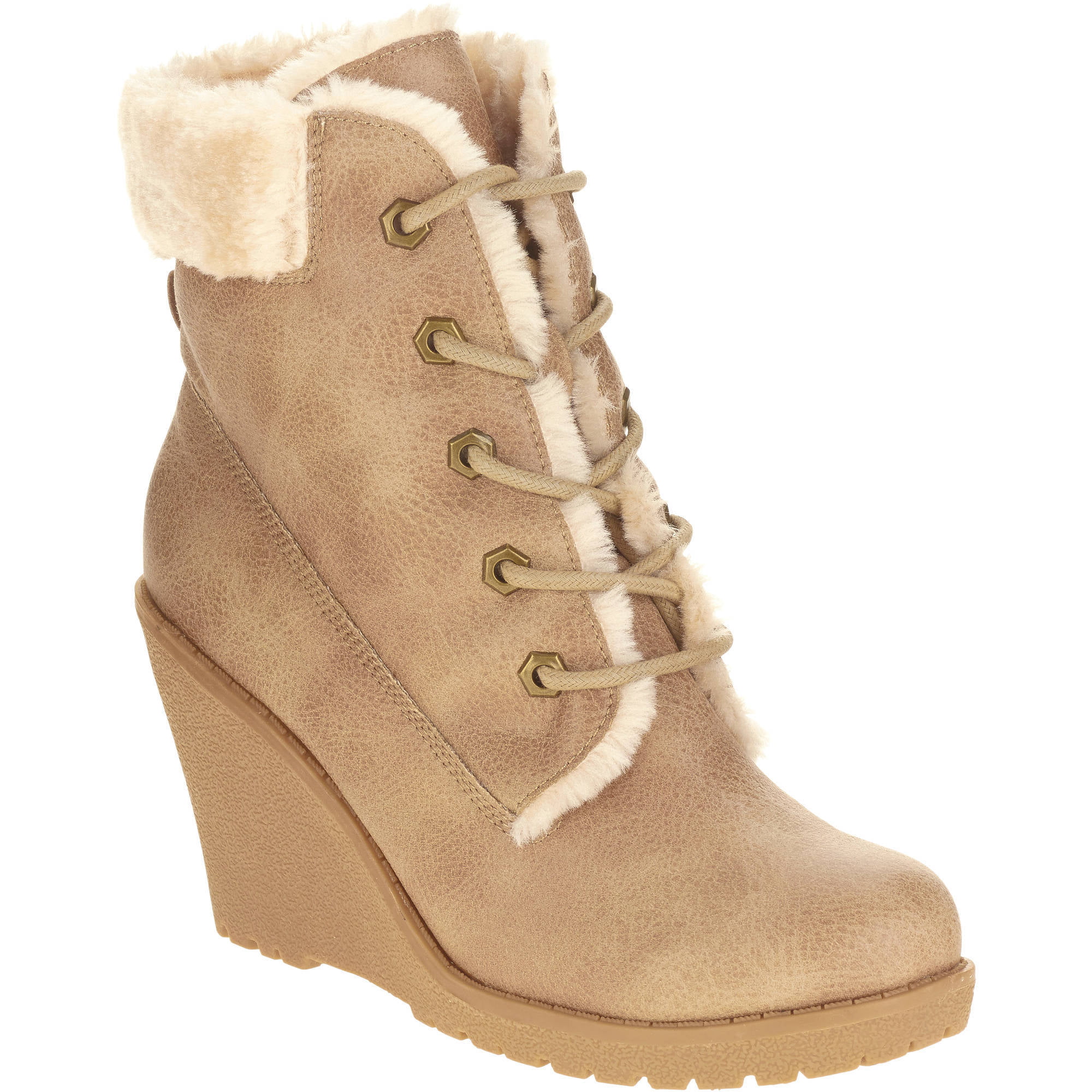 MOMO Women's Wedge Ankle Boot with Laces and Faux Fur Cuff - Walmart.com