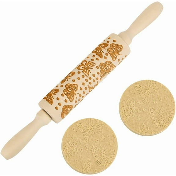 Butterfly Embossed Wooden Rolling Pin 34cm Flower Long Rolling Pin for Baking Biscuits 3D Pattern DIY Kitchen Tool Baking Accessories Homemade Bakery Pastry Cookie Fondant Dough Pizza diy