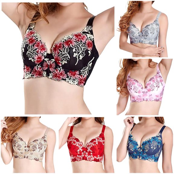 Vrotazzy Women's Embroidered Adjustable Push Up Bra Lace Unlined Underwire Corset Bustier Sheer Mesh Backless Balconette Demi Cup